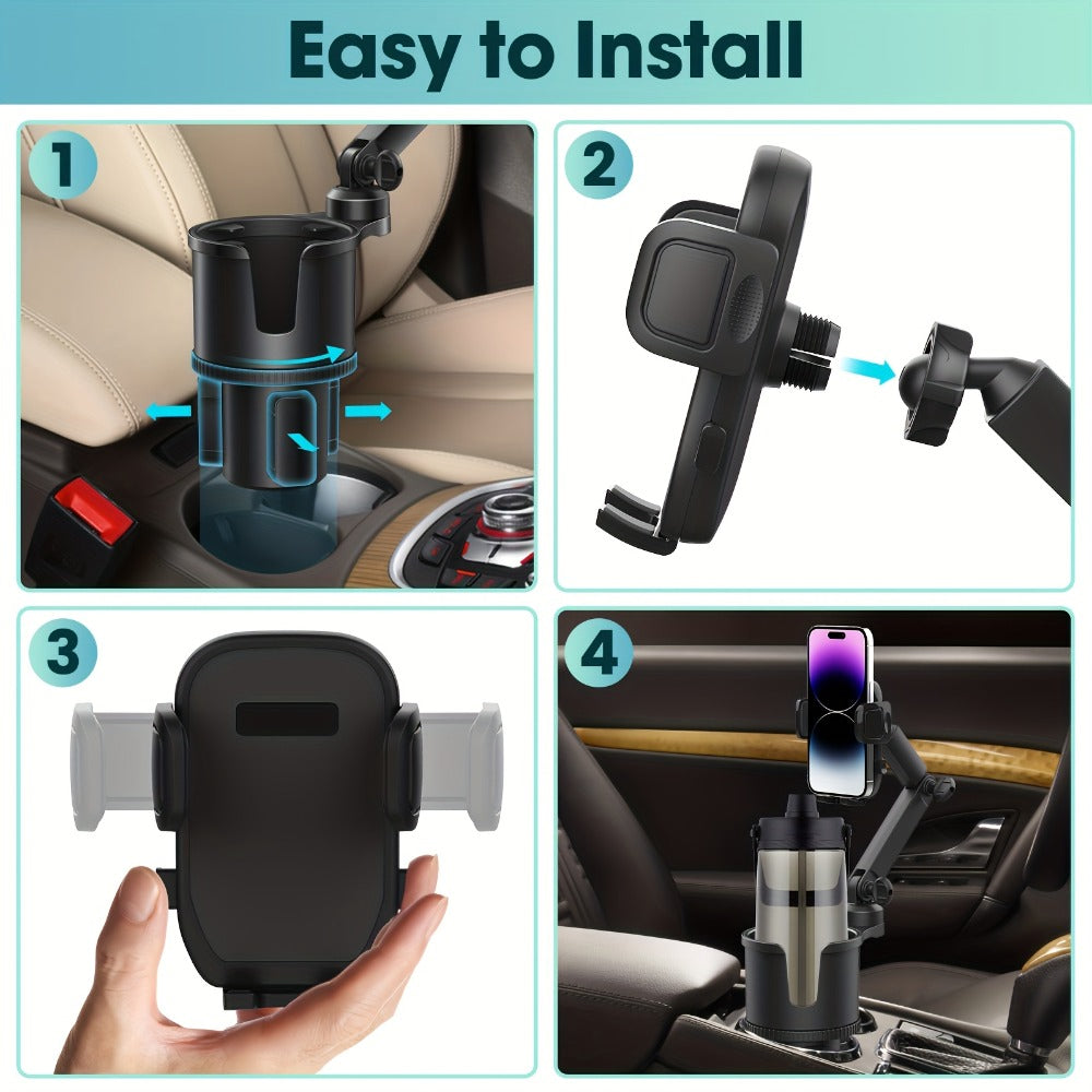 2-in-1 Car Phone Holder & Cup Holder Extender – Swivel Rotating Mount with Shock-Absorbing Trim, Universal for Cars, SUVs & Trucks, Black