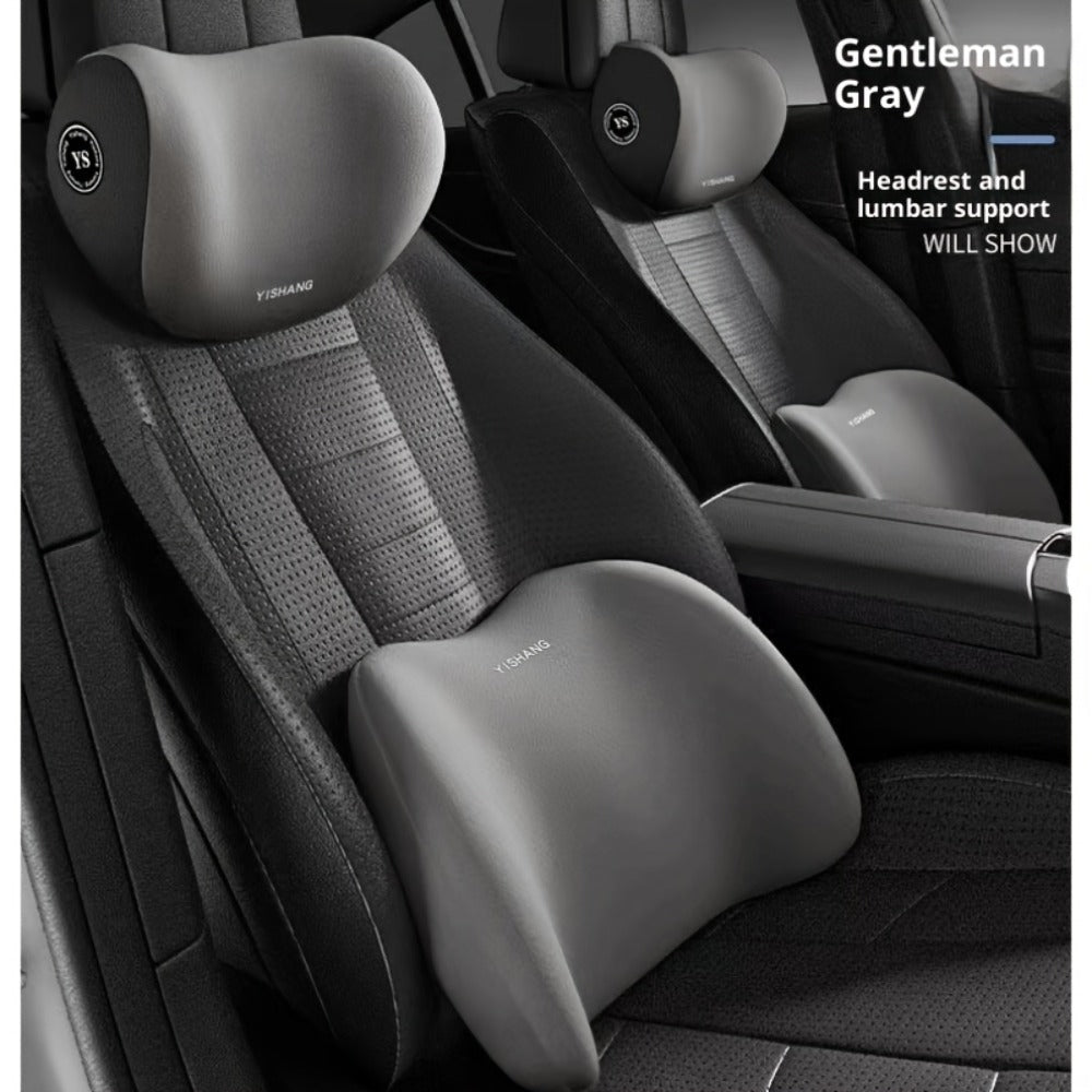 Car Headrest and Lumbar Cushion Set with Sponge Fill, Attachment Straps and Six Color Options for One Seat