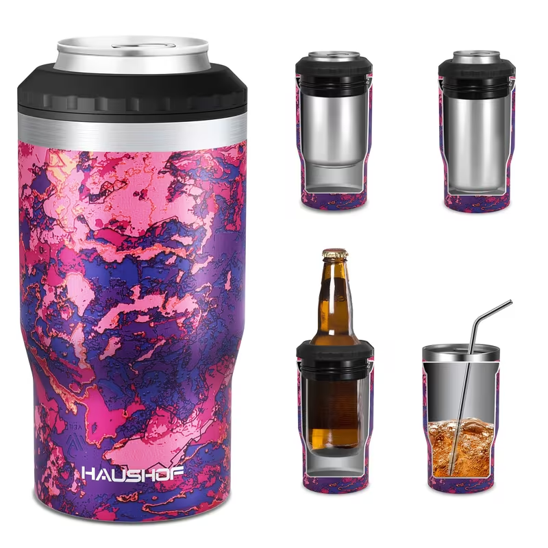 Can Cooler Insulated Stainless Steel 4-in-1 for 12 oz Standard Slim Can & Beer Bottle – Double Wall Sweat-Proof Beer Koozie for Camping