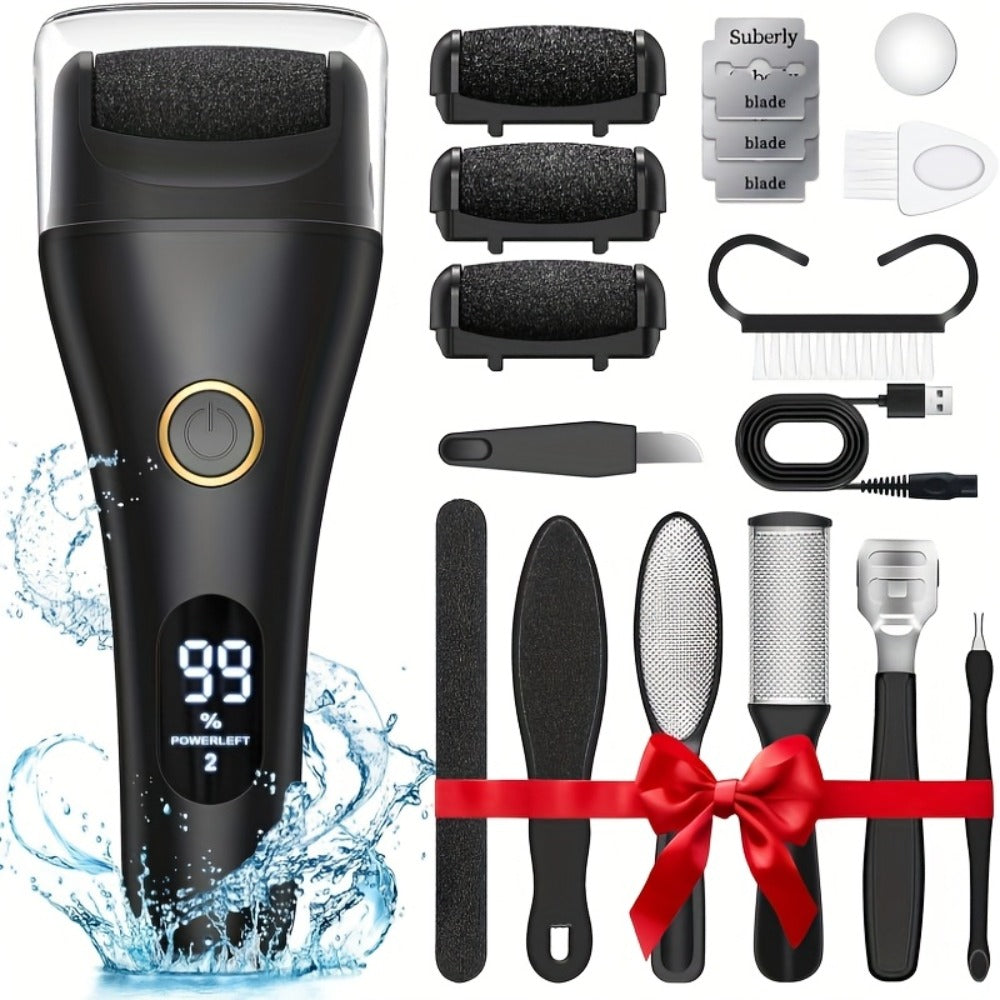 Electric Pedicure Foot File 10-in-1 Kit, Rechargeable with Digital Display, 3 Roller Heads
