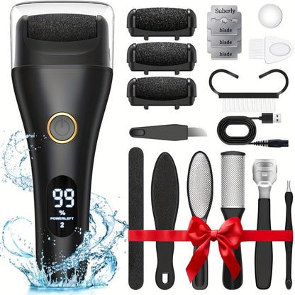 Electric Pedicure Foot File 10-in-1 Kit, Rechargeable with Digital Display, 3 Roller Heads
