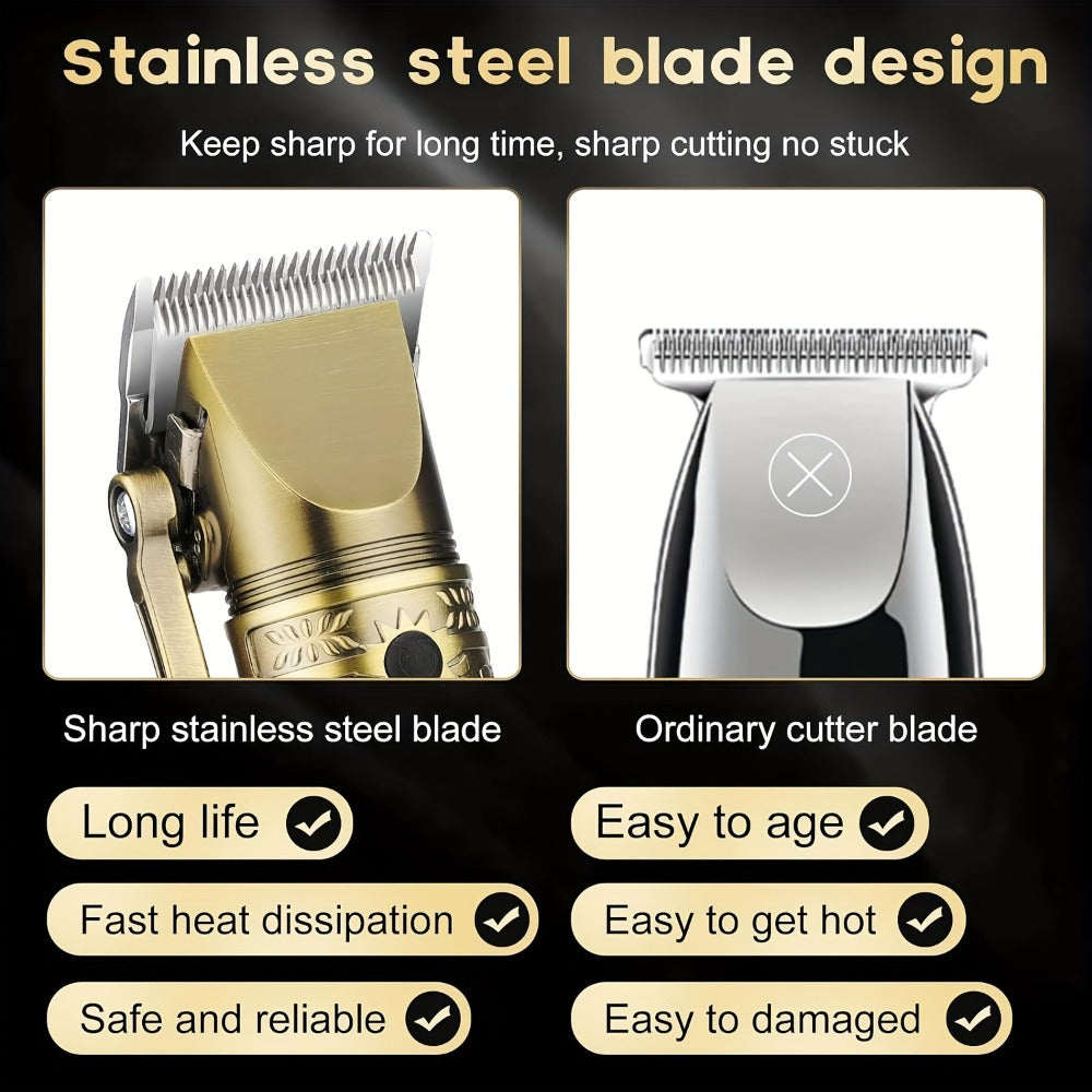 Cordless Hair Clipper & Trimmer Kit for Men – Professional Rechargeable Grooming Set, Golden Edition, Wireless Fade Clipper with USB Charge