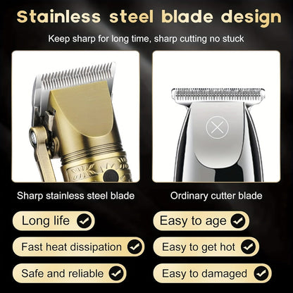 Cordless Hair Clipper & Trimmer Kit for Men – Professional Rechargeable Grooming Set, Golden Edition, Wireless Fade Clipper with USB Charge
