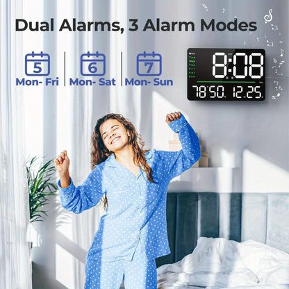 16-Inch Digital Wall Clock with LED Display, Remote, Dimmer Modes, Calendar and Indoor Temperature Readout