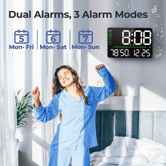 16-Inch Digital Wall Clock with LED Display, Remote, Dimmer Modes, Calendar and Indoor Temperature Readout