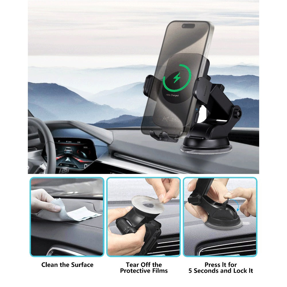 4-Color Wireless Car Charger Mount 15W Qi Auto-Clamping – Fast Wireless Charging Phone Holder for iPhone 17 16 15 14 13 12 11 Pro Max
