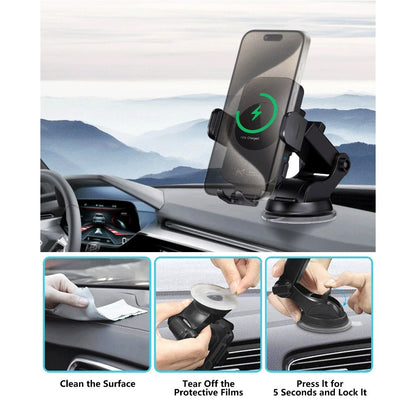 4-Color Wireless Car Charger Mount 15W Qi Auto-Clamping – Fast Wireless Charging Phone Holder for iPhone 17 16 15 14 13 12 11 Pro Max
