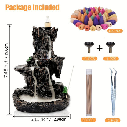 Backflow Incense Burner Waterfall Smoke Effect 2-Side Incense Holder with 120 Backflow Cones for Entryways, Bedrooms and Living Spaces