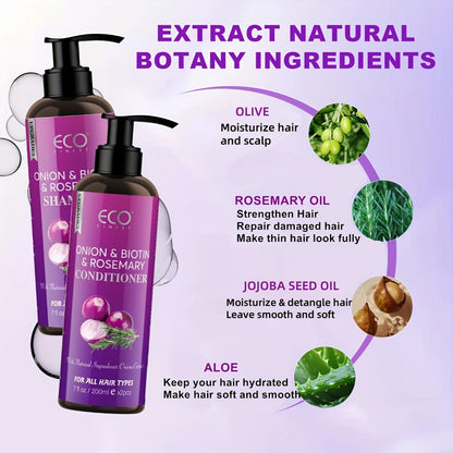 Onion, Biotin and Rosemary-Labeled Shampoo and Conditioner Set in Purple Pump Bottles with Jojoba Oil Wording