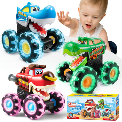 Monster Truck Toys for Toddlers 3-Pack LED Light Up Wheels Press & Go Animal Trucks Shark Bull Dinosaur