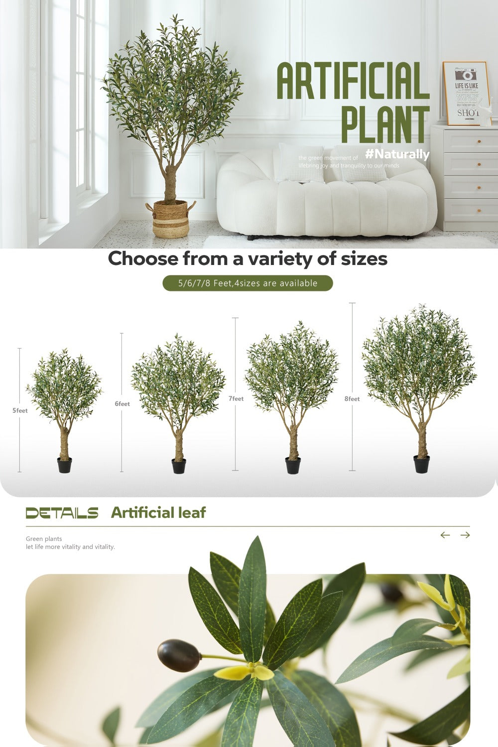 Potted Olive Artificial Tree with 5, 6, 7 and 8 ft Height Options, Black Planter and Branching Green Leaves