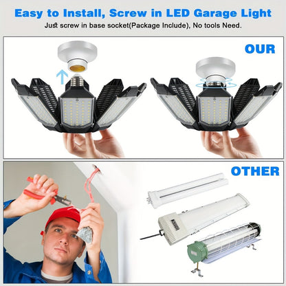 LED Garage Lights 25000LM Deformable, 250W Equivalent E26/E27 Screw-In Ceiling Shop Light with 6+1 / 8+1 Adjustable Panels for Garage