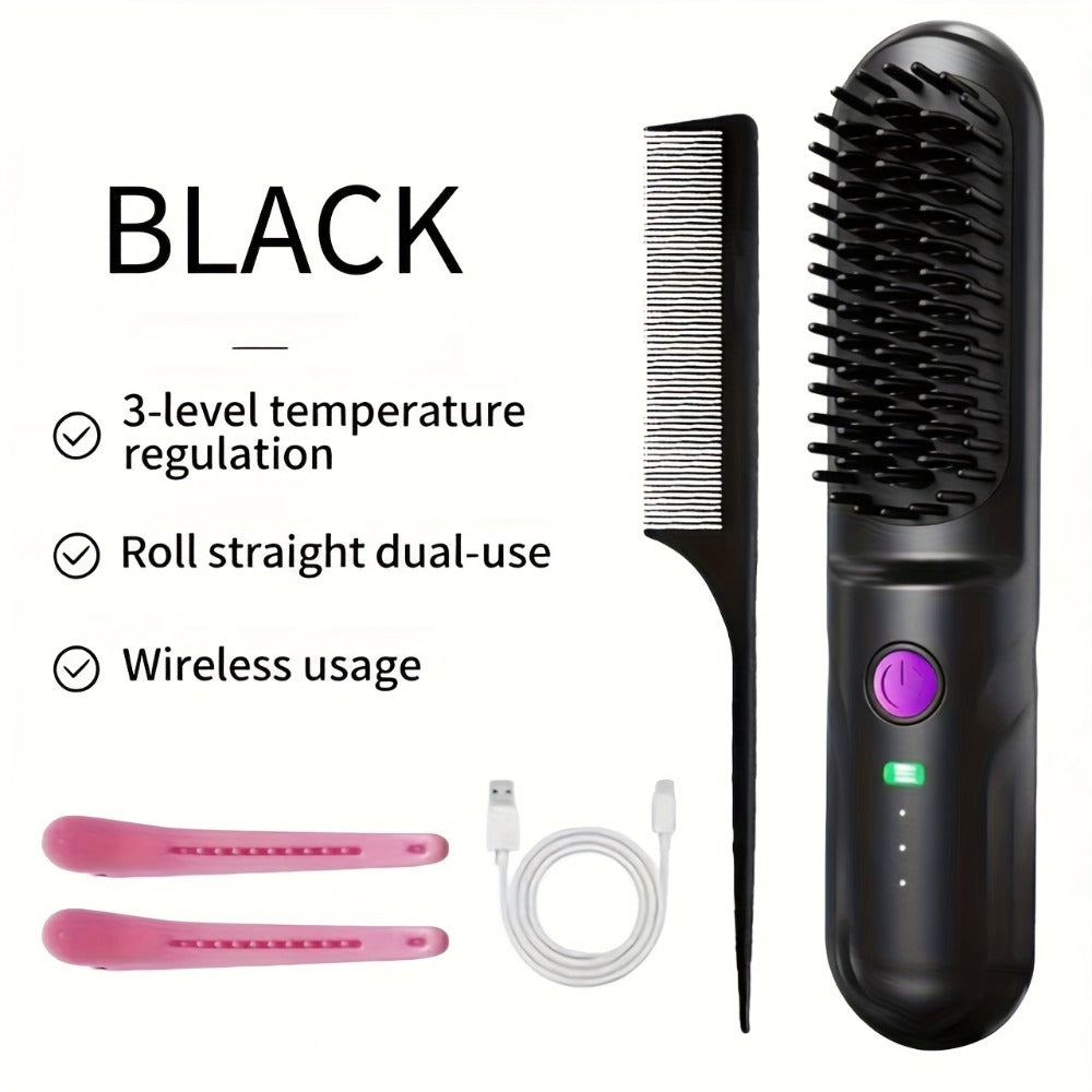 Wireless Hair Straightener Comb - Portable Cordless Straightening Brush with 3-Min Fast Heat, 3 Temp Settings 170-190°C