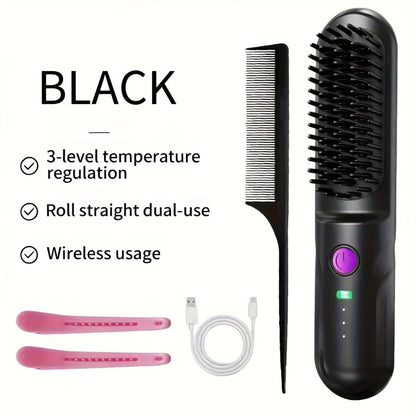 Wireless Hair Straightener Comb - Portable Cordless Straightening Brush with 3-Min Fast Heat, 3 Temp Settings 170-190°C