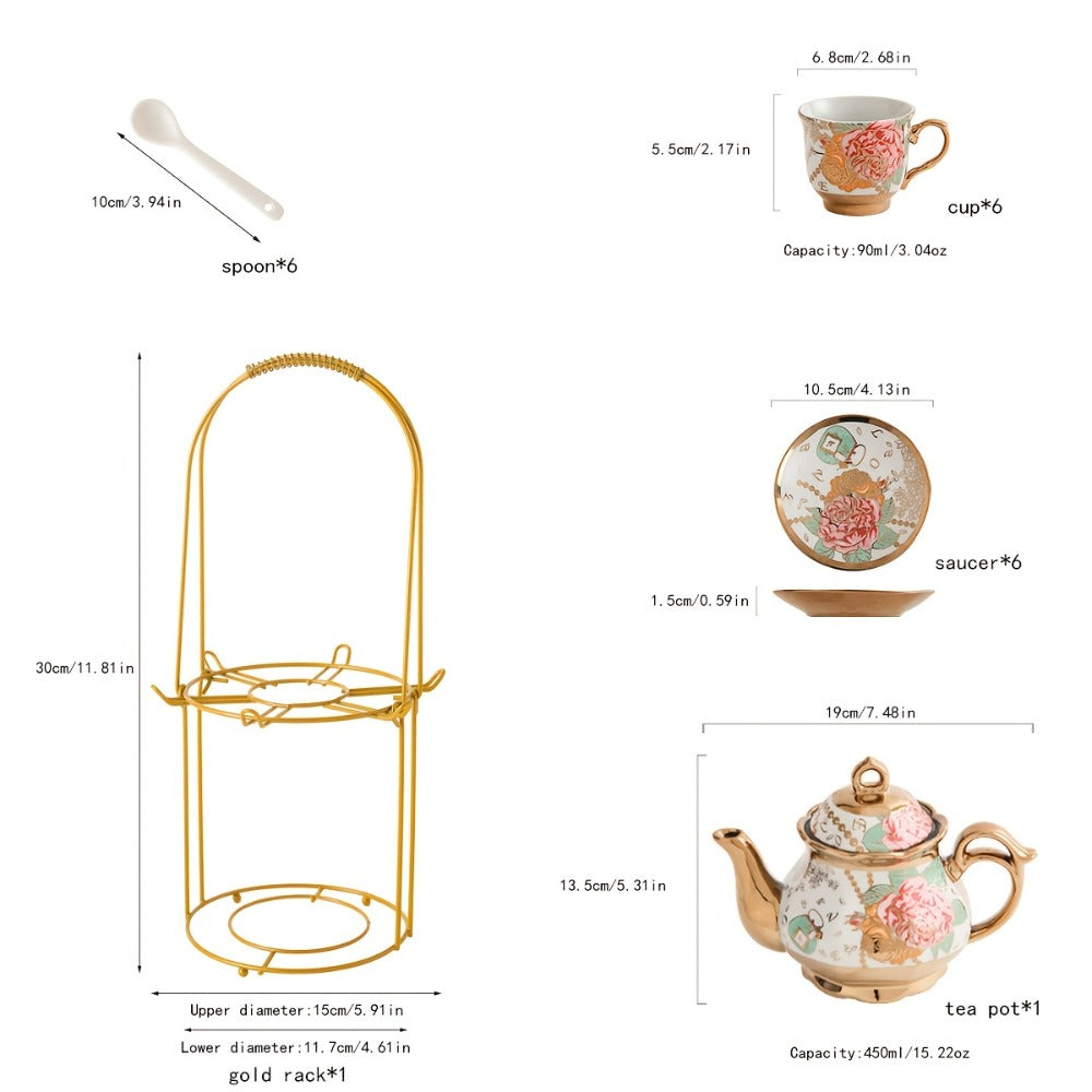 Floral Ceramic Tea Set 20 Pcs – European Porcelain Tea Cups & Saucers with Metal Holder & 15 Oz Teapot – Luxury Arabic Coffee Cup Set