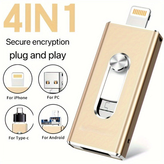 USB Flash Drive 64GB Compact Aluminum-Alloy Four-Connector Memory Stick in Black or Gold Color Options