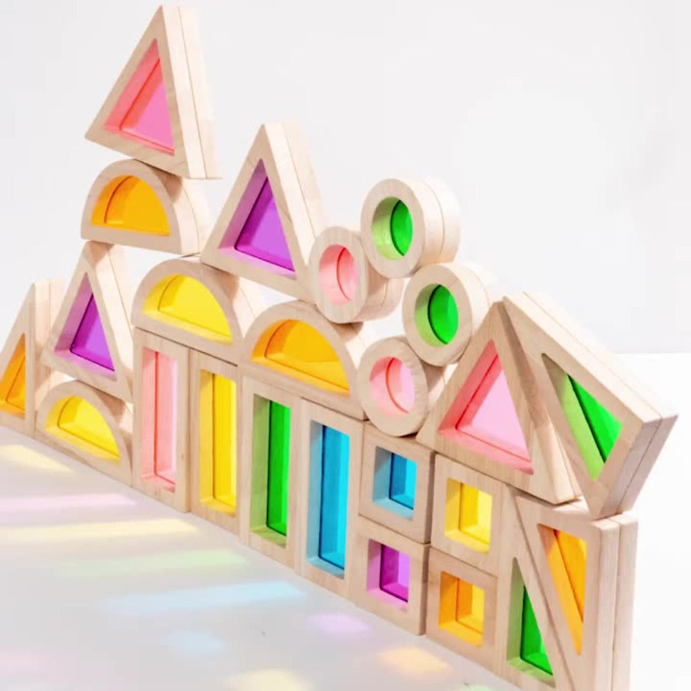 Building Block Set Translucent Acrylic Geometric Shapes with Colorful Triangle, Circle, Arch and Window Pieces