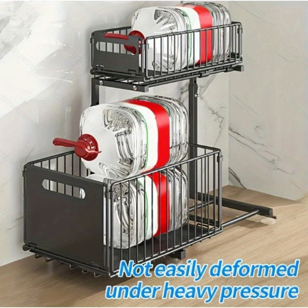 Under Sink Organizer 2-Tier Slide Out Pull Out Drawer Metal Basket Height Adjustable – Under Sink Cabinet Organizer for Kitchen Bathroom