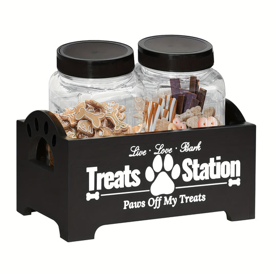 Dog Treat Storage Container Set – Rustic Wooden Organizer with 2 Plastic Treat Bins, Airtight Pet Food Storage for Kitchen Counter