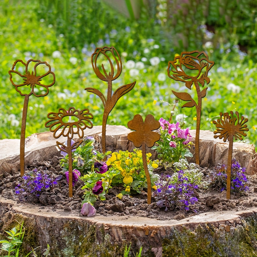 Rustic Flat Metal Flower Garden Stakes, Six-Piece Rose, Daisy and Botanical Set for Pots and Borders