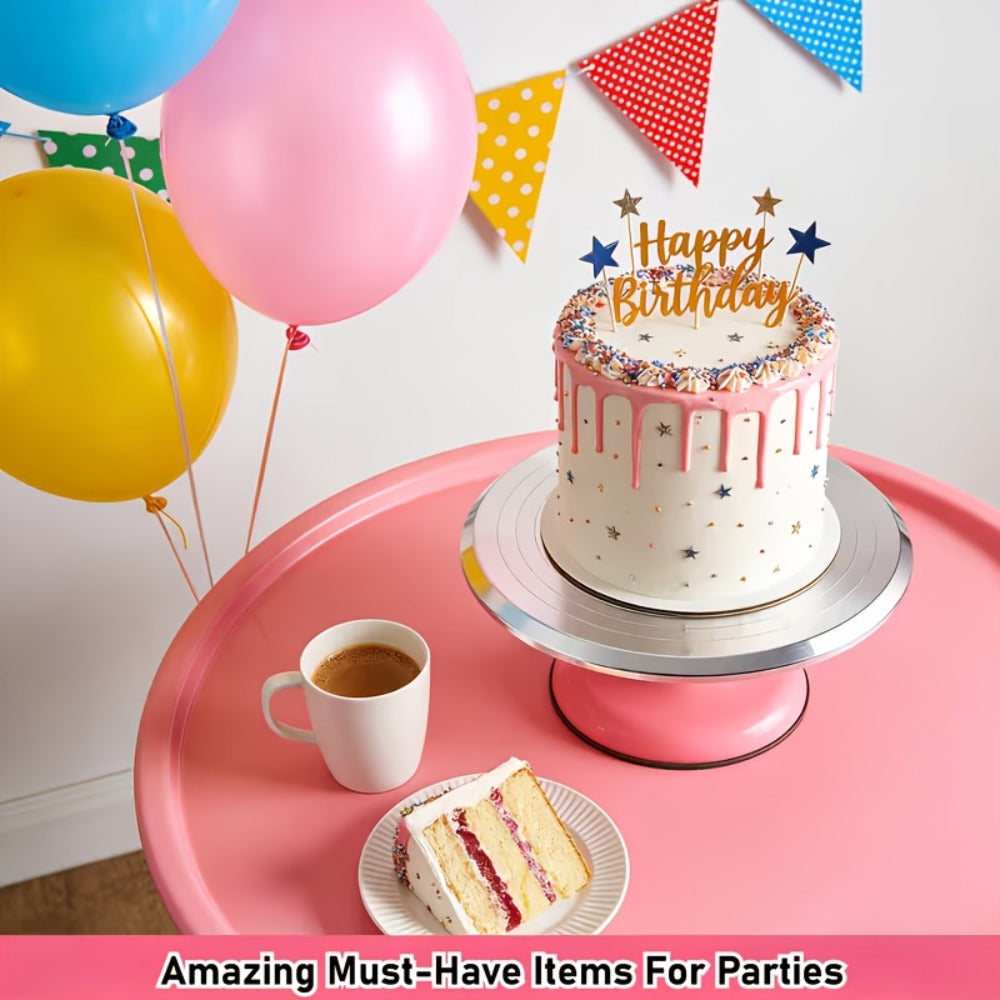 9.84-Inch Rotating Cake Turntable with Frosting Spatula and Pink, Sky Blue or White Base for Decorating