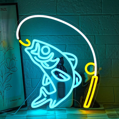 Fishing Neon Sign LED Wall Decor, Dimmable Multicolor Go Fishing Hook Neon Light for Man Cave, Bedroom