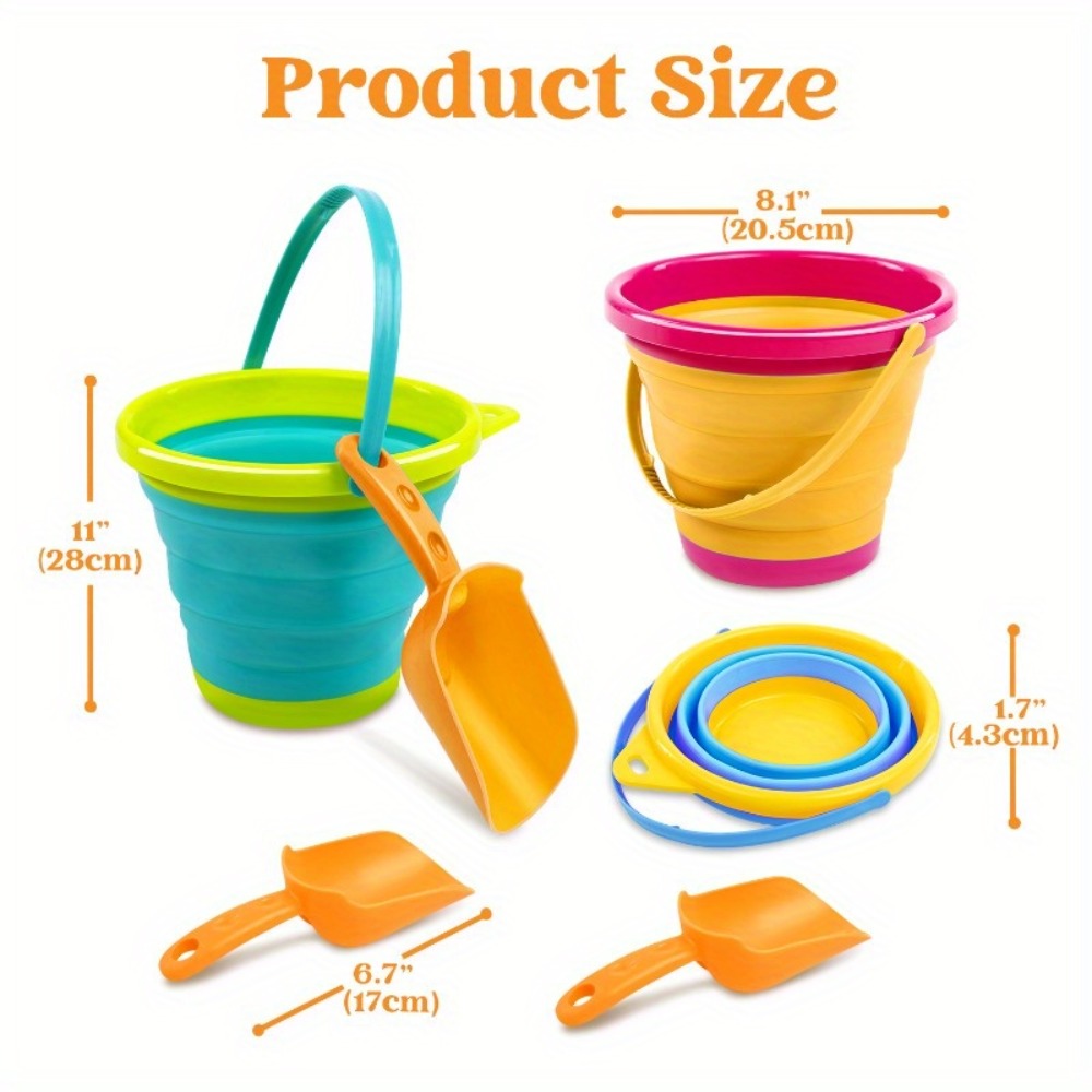 Collapsible Beach Bucket Set 3-Pack with Shovels & Mesh Backpack, Foldable Sand Pail Kit for Kids