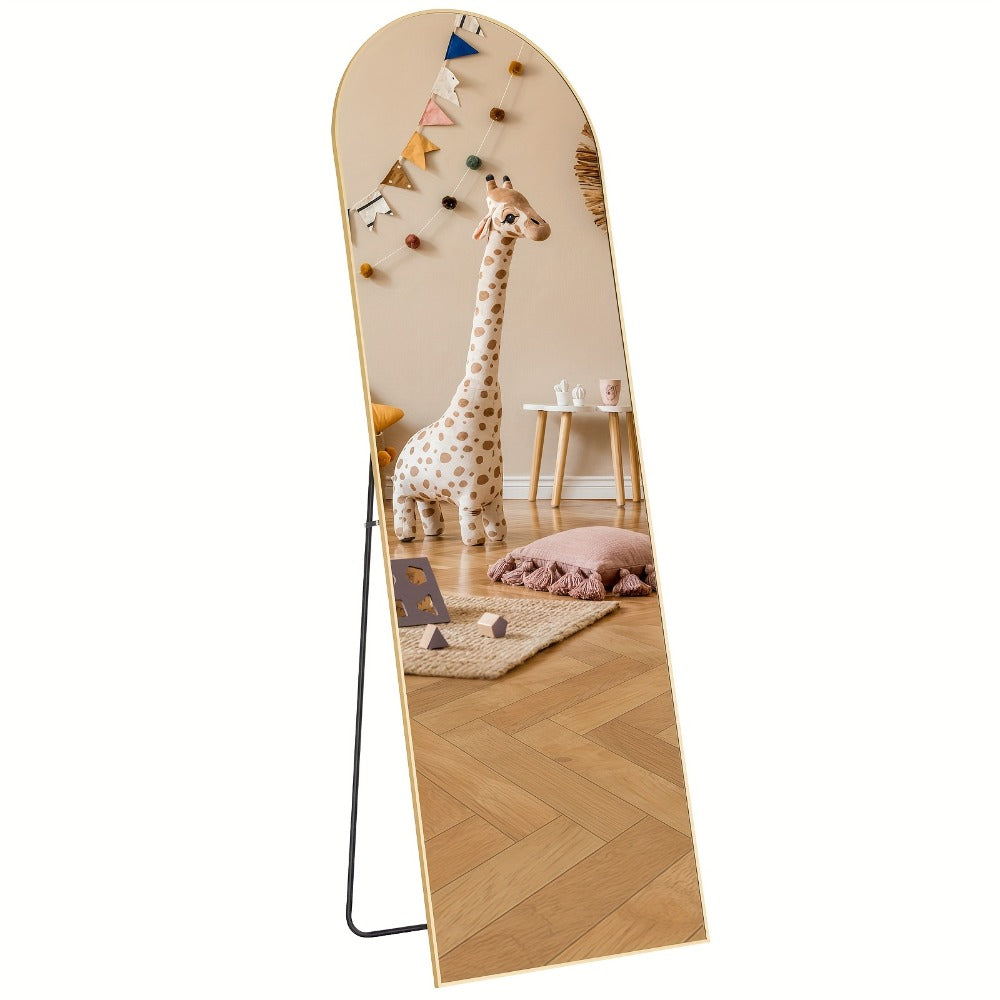 Full Length Mirror 59"x16" Arched Leaning Wall Mirror, Aluminum Alloy Thin Frame, Vertical or Tilted, Black & Gold