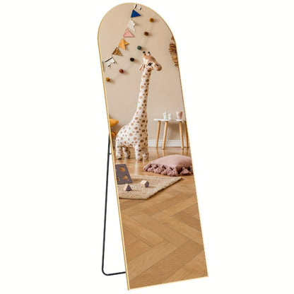 Full Length Mirror 59"x16" Arched Leaning Wall Mirror, Aluminum Alloy Thin Frame, Vertical or Tilted, Black & Gold