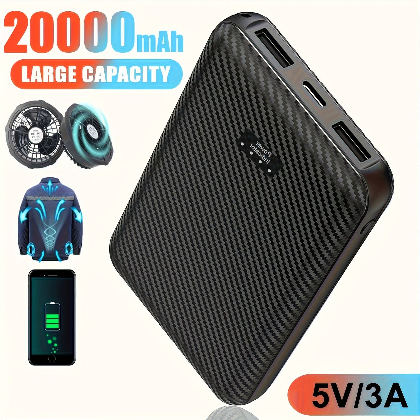 Power Bank 20000mAh 5V/3A for Fan Vests with USB-C Input/Output and USB-A 5V/2A Port for Cooling Garments