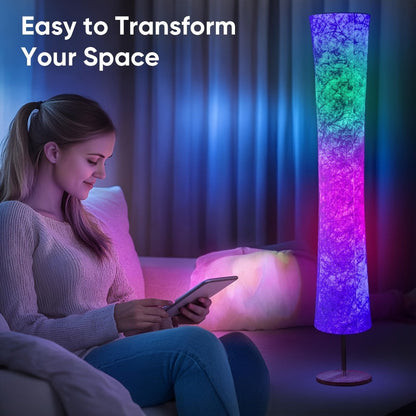 RGB Smart Floor Lamp 16 Million Colors, Music Sync, App & Remote Control, Scene Modes, White Fabric Shade Standing Lamp for Living Room