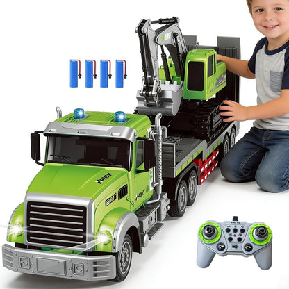 RC Semi Truck with Flatbed Trailer & Alloy Excavator Set 1:12 Scale, 11-Channel Dual Control, Sound & Lights