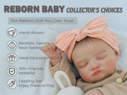 Reborn Baby Doll 20-Inch Sleeping Soft Cloth Body with Striped Outfit, Bow Headband and Feeding Accessories