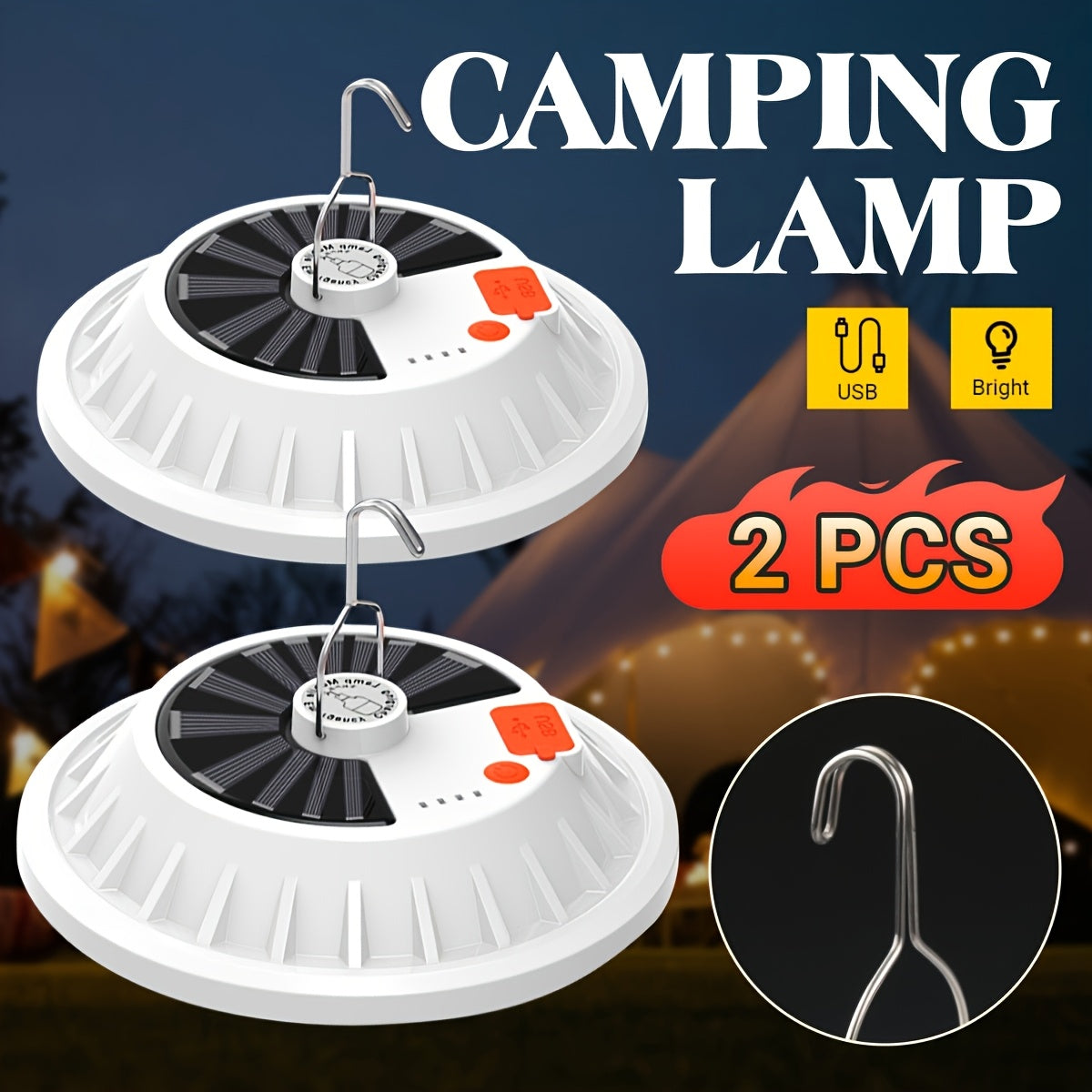 Solar Camping Lantern Two-Pack with Remote Control, 120 LEDs, Five Light Modes, USB Charging and Hanging Hooks