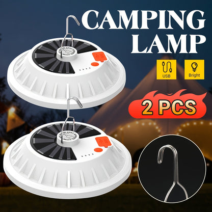 Solar Camping Lantern Two-Pack with Remote Control, 120 LEDs, Five Light Modes, USB Charging and Hanging Hooks