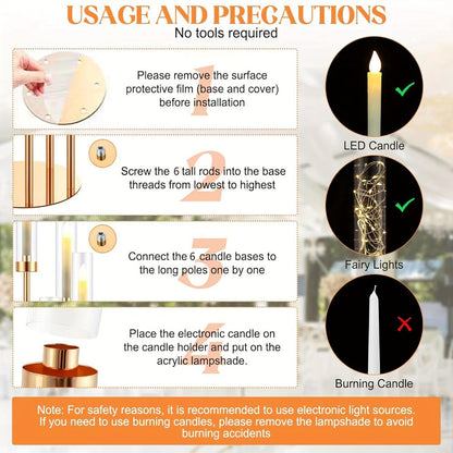 Floor Candelabra 6-Arm 46 Inch Gold Metal Candlestick Set with 12pcs LED Candles & Acrylic Shades