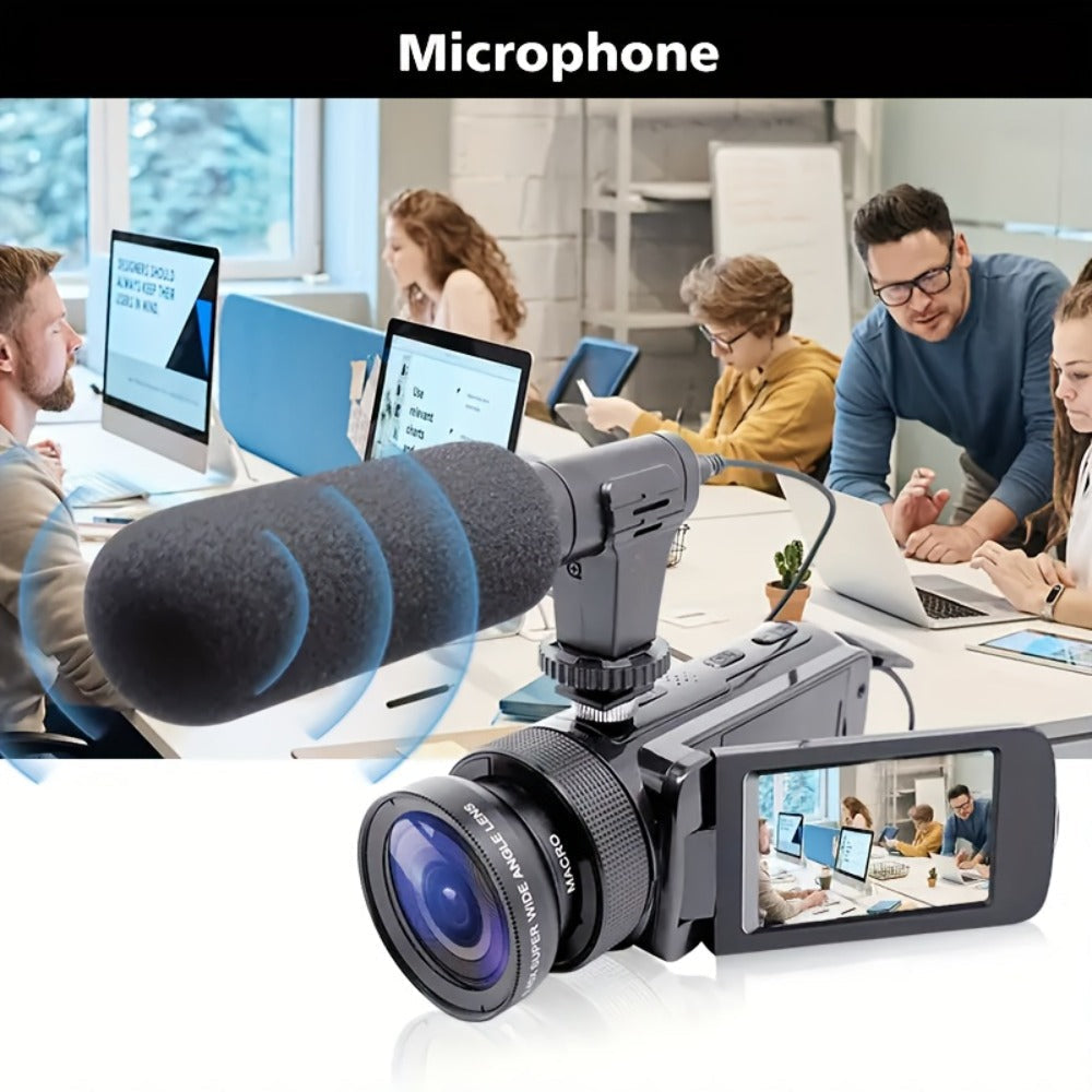 Digital Video Camera HD 1080P with Flip Screen & External Microphone, 16MP 16X Zoom Compact Camcorder for Family