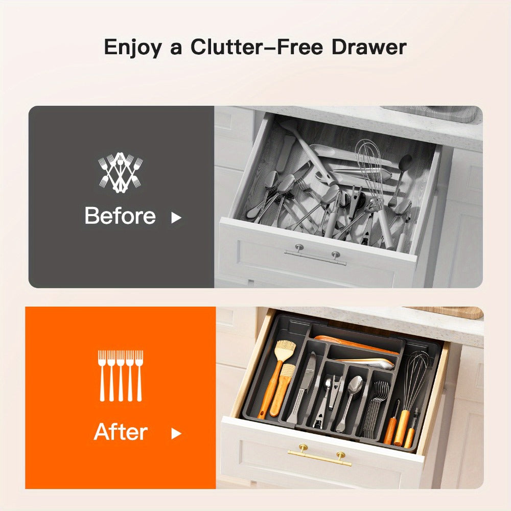Cutlery Tray Kitchen Organizer Expandable Bamboo Drawer Divider with Labels in Natural, White or Black
