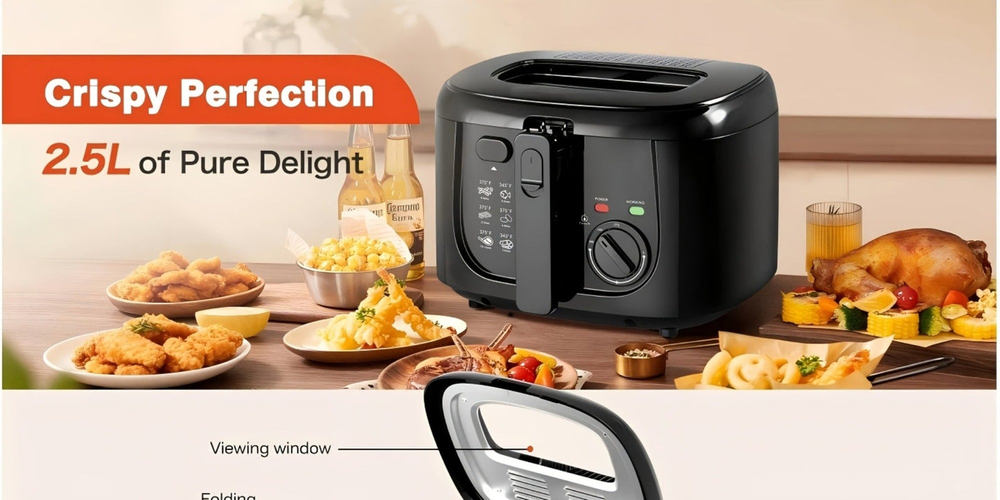 1500W Deep Fryer in Black or White with 84.54-Ounce Source Capacity, Windowed Lid and Rotary Dial