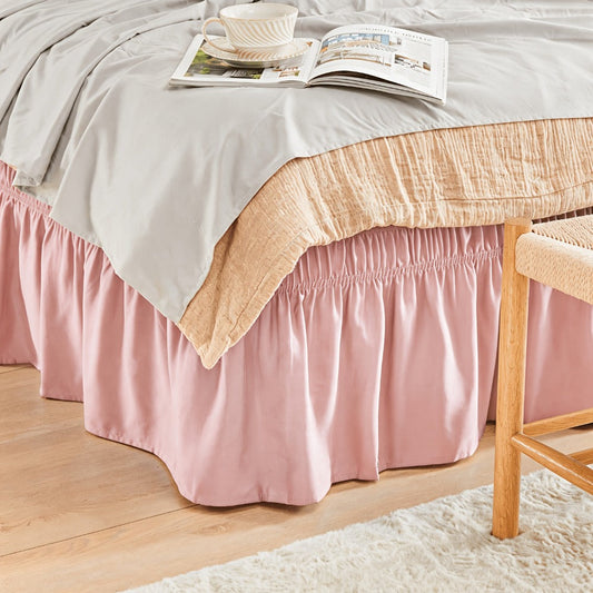 Bed Skirt Elastic Wrap Around Ruffle – 15 Inch Drop Microfiber Dust Ruffle, Adjustable No-Lift Fit, Fade Resistant Machine Washable