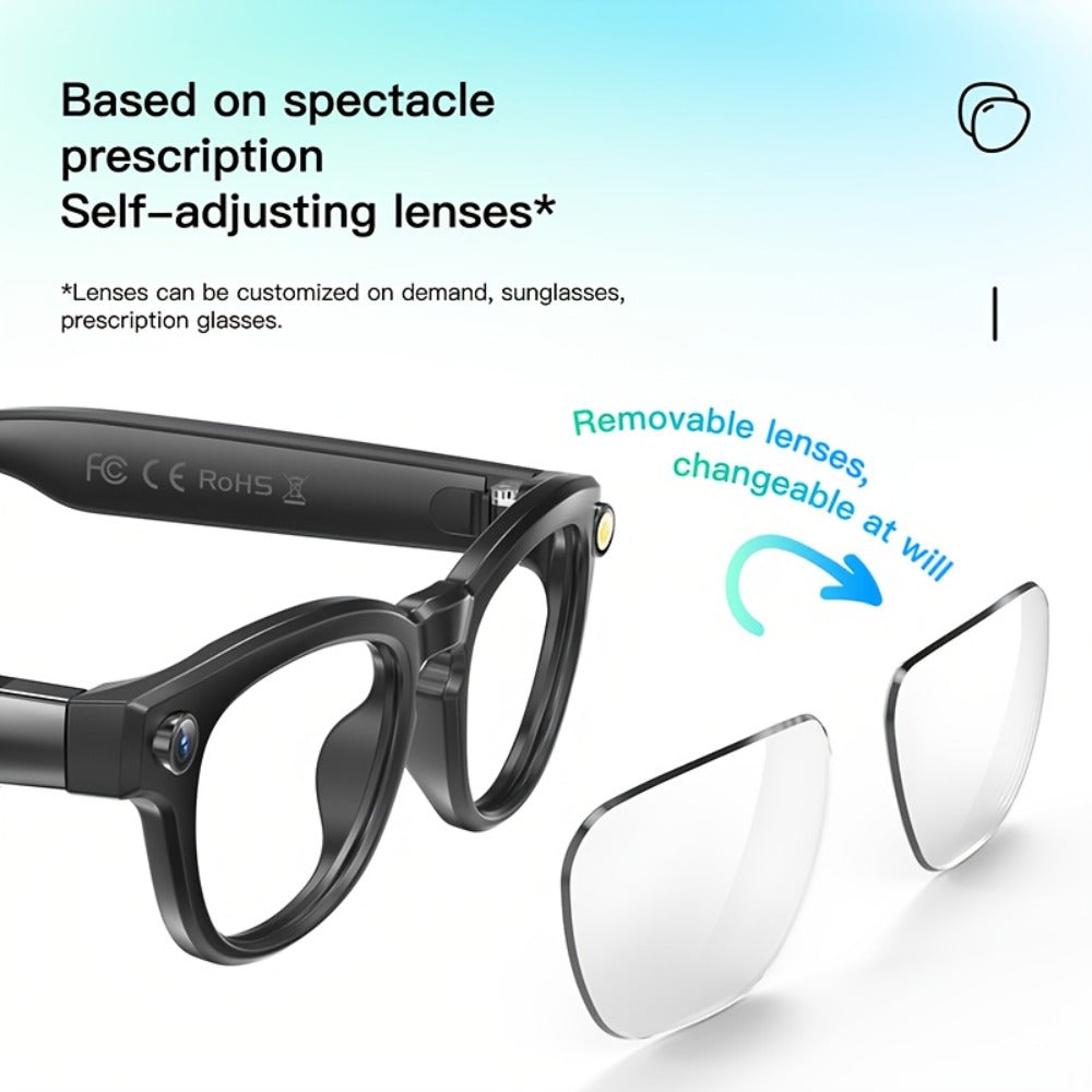 Smart Glasses 16GB Video Recording Eyewear with Source-Listed 4K Camera, Open-Ear Audio and Black Frame