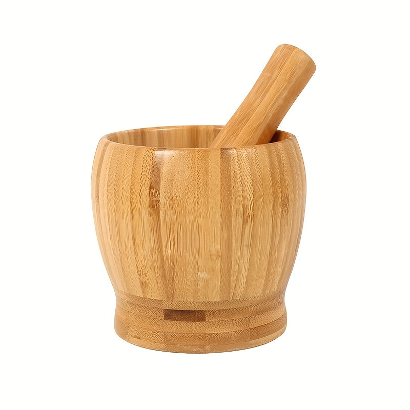 Bamboo-Look Mortar and Pestle Set with Deep Grinding Bowl for Garlic, Herbs, Pepper and Dry Spices