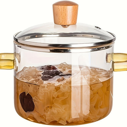 1.6L Transparent Glass Cooking Pot with Lid and Green or Yellow Side Handles for Soup, Noodles and Milk