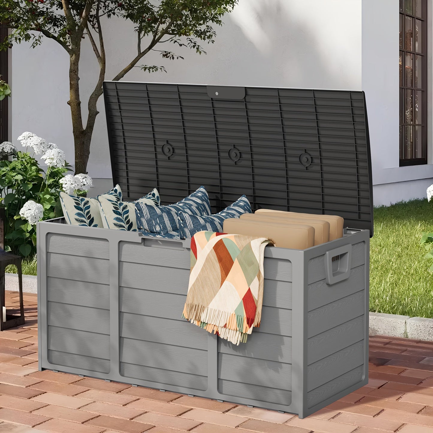 75-Gallon Outdoor Storage Box with Hinged Lid, Side Handles and Black or Gray Checkout Options