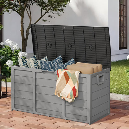 75-Gallon Outdoor Storage Box with Hinged Lid, Side Handles and Black or Gray Checkout Options