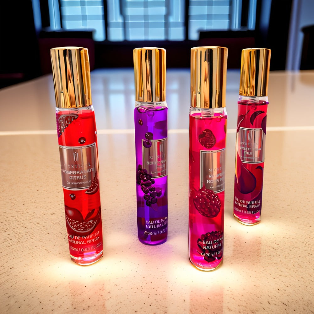 Mystical Women's Perfume Gift Set 4 Piece Travel Size 20ml - Fresh Fruity Unisex Scent - Mini for Bath Time, Home Spa and Personal Care