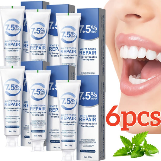 Six-Pack 120g Mint Toothpaste Tubes with 7.5% Hydroxyapatite and SP-8 Probiotics Package Labels