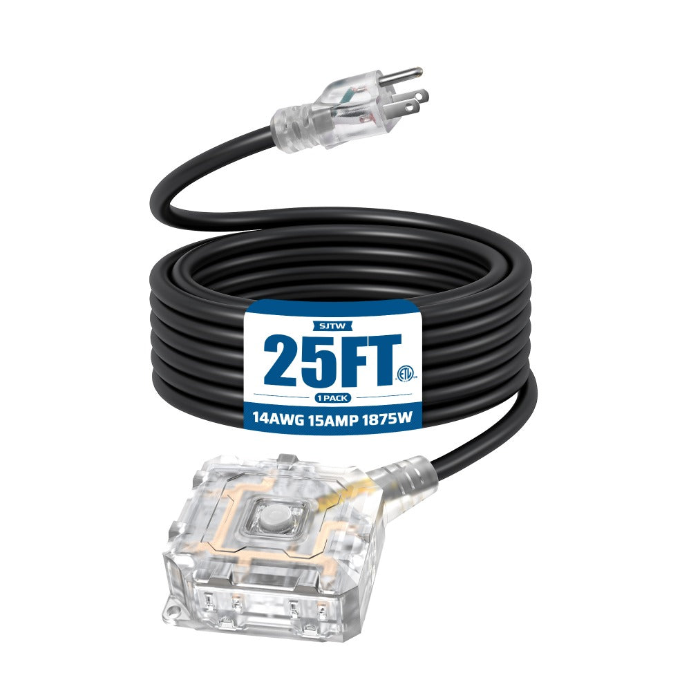 Extension Cord 25ft 6-Outlet SJTW 14AWG with Cover & On/Off Switch, Outdoor Indoor Power Strip Cord for Workshop