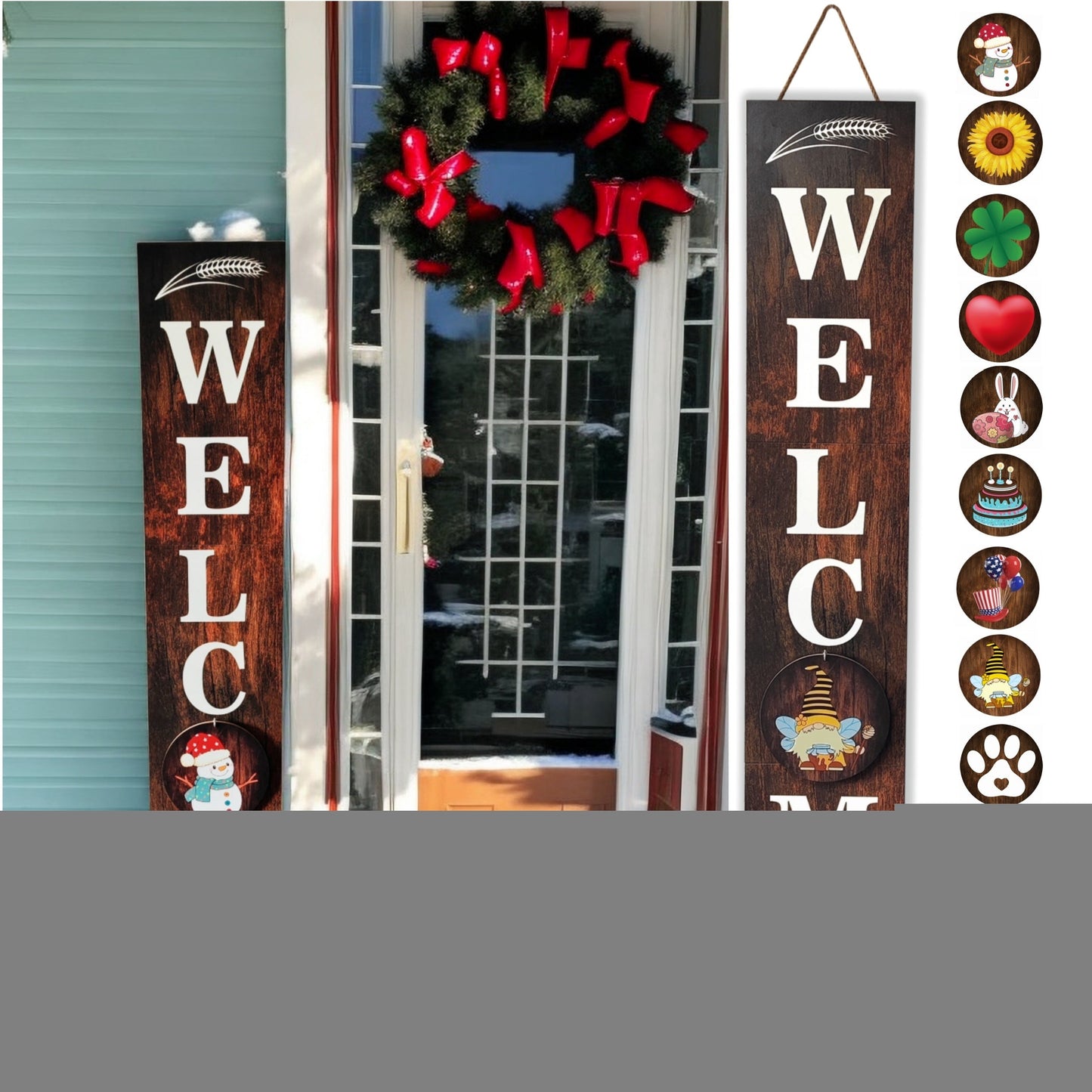 Porch Sign with 12 Interchangeable Seasonal Icons 47 Inch Tall – Welcome Sign for Front Door, Wind Resistant Leaner Board for Patio Yard