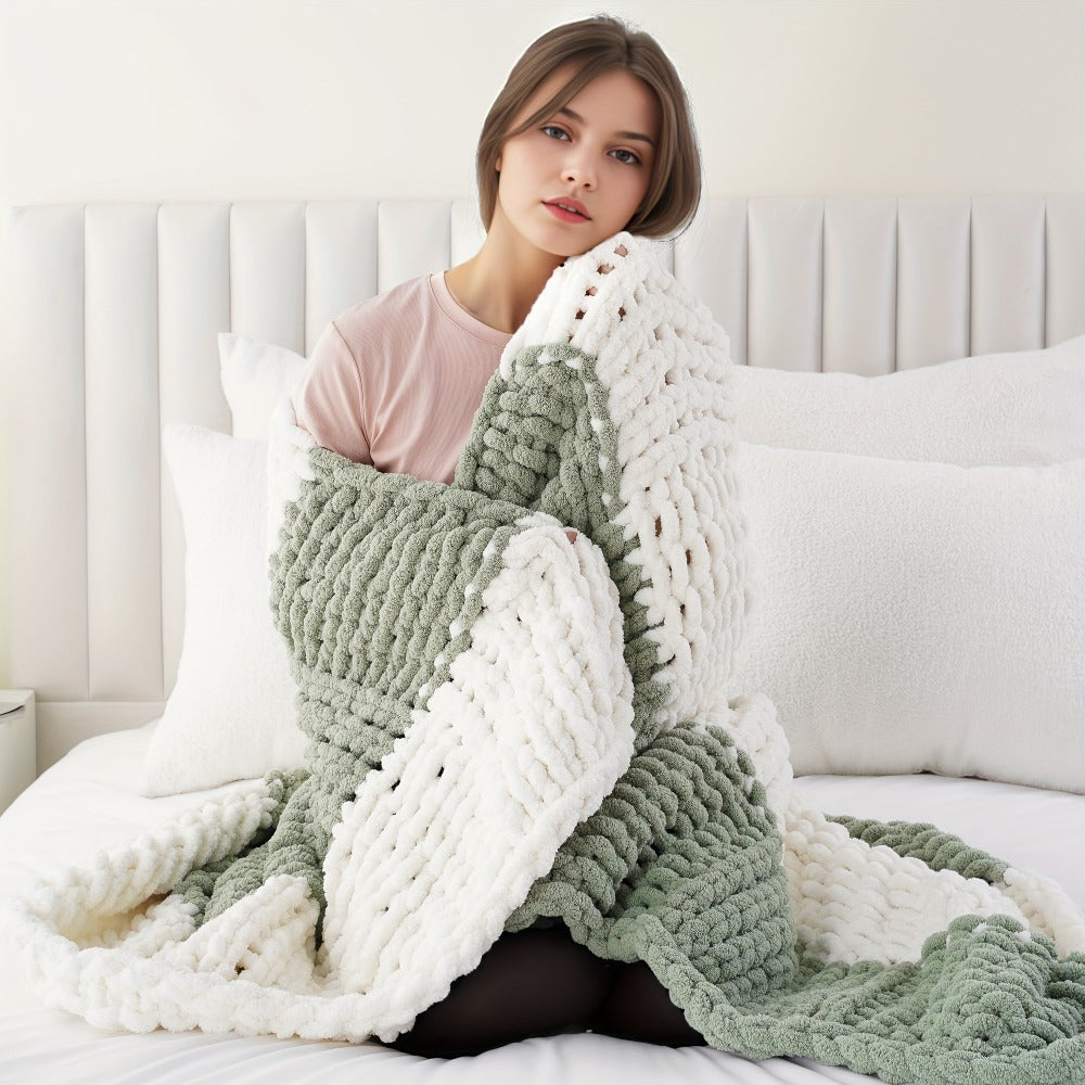 Chunky Chenille Cable Knit Throw Blanket, 350-400gsm Crochet Throw for Sofa, Bed & Couch, Vintage Patchwork